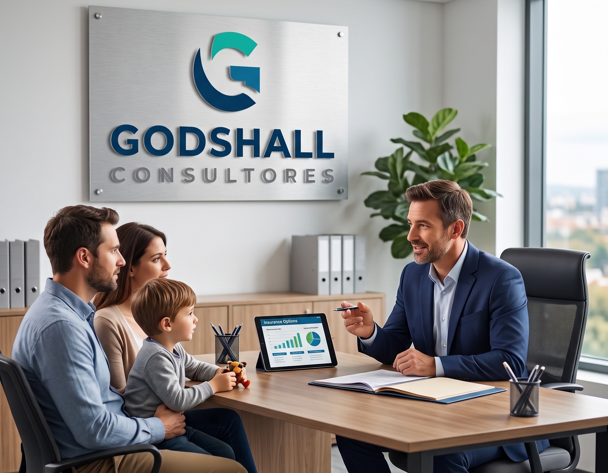 Asesor financiero presentando opciones de seguros a una familia en oficina de Godshall Consultores